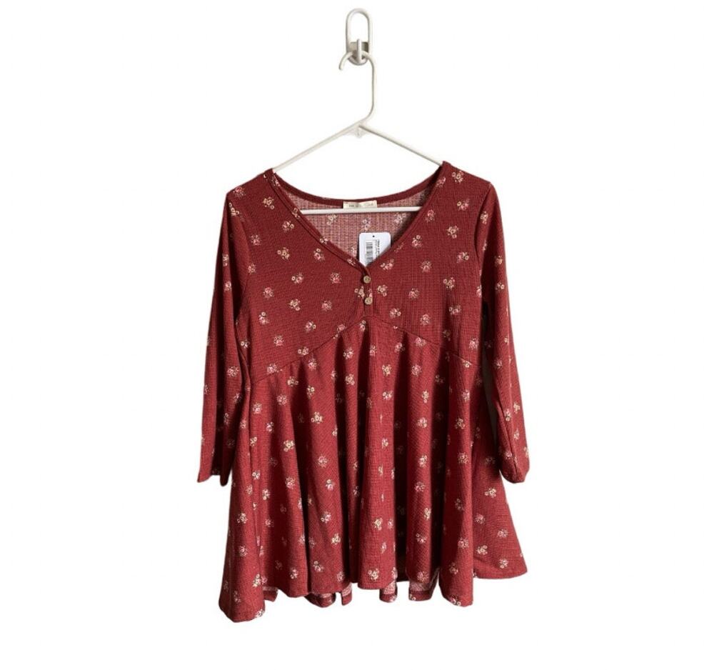 Reb. In J Rust Floral Baby Doll Fall 3/4 Sleeve V-Neck Blouse Sz L Flowy Casual